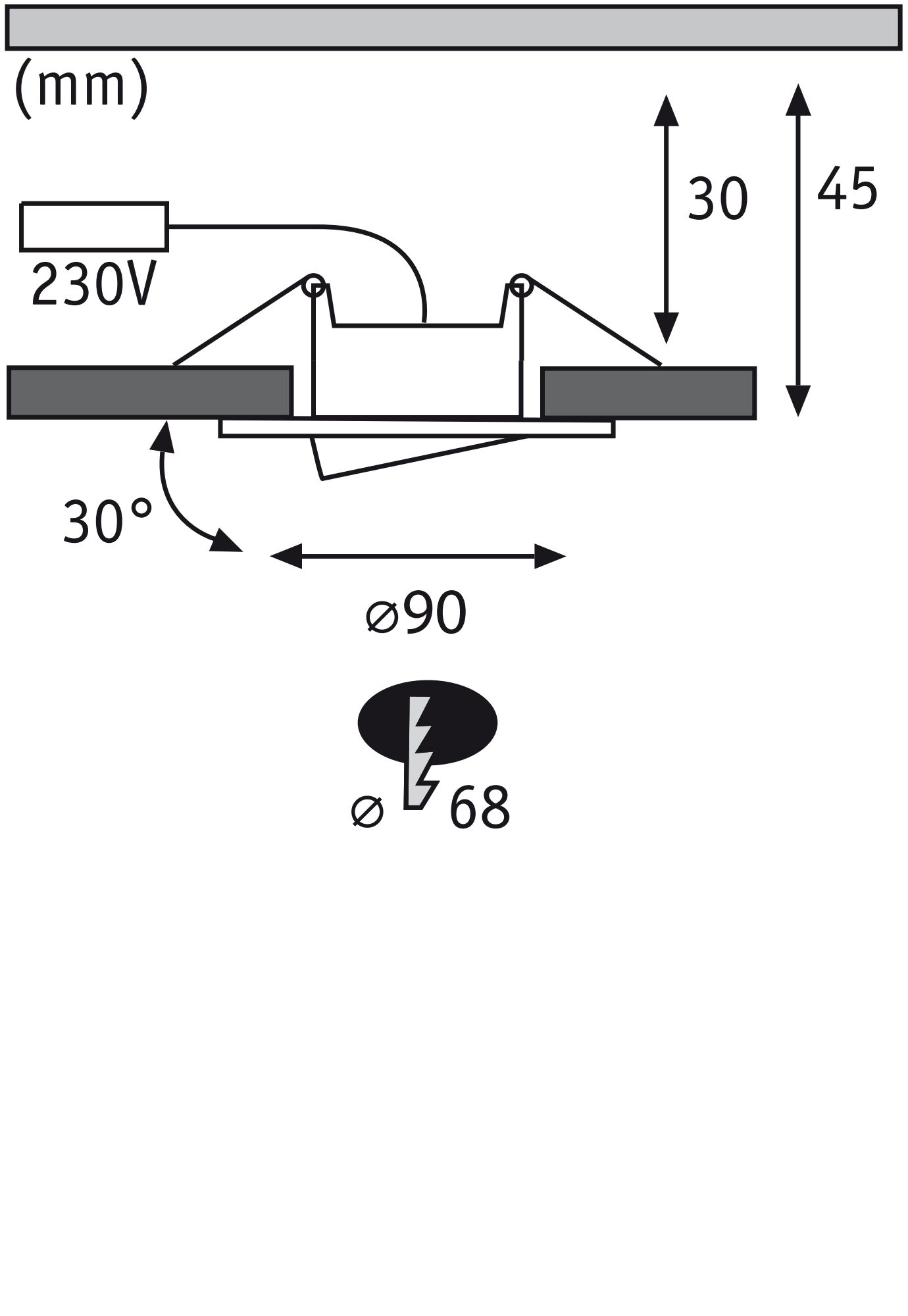 Technical drawing of recessed spotlight with 90 mm diameter, 30-degree tilt, and 230V connection.