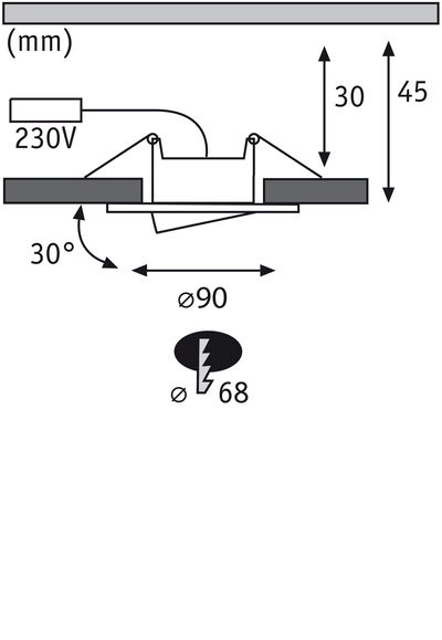 Schéma technique d'un spot encastré de 90 mm de diamètre, inclinaison de 30 degrés, connexion 230V.