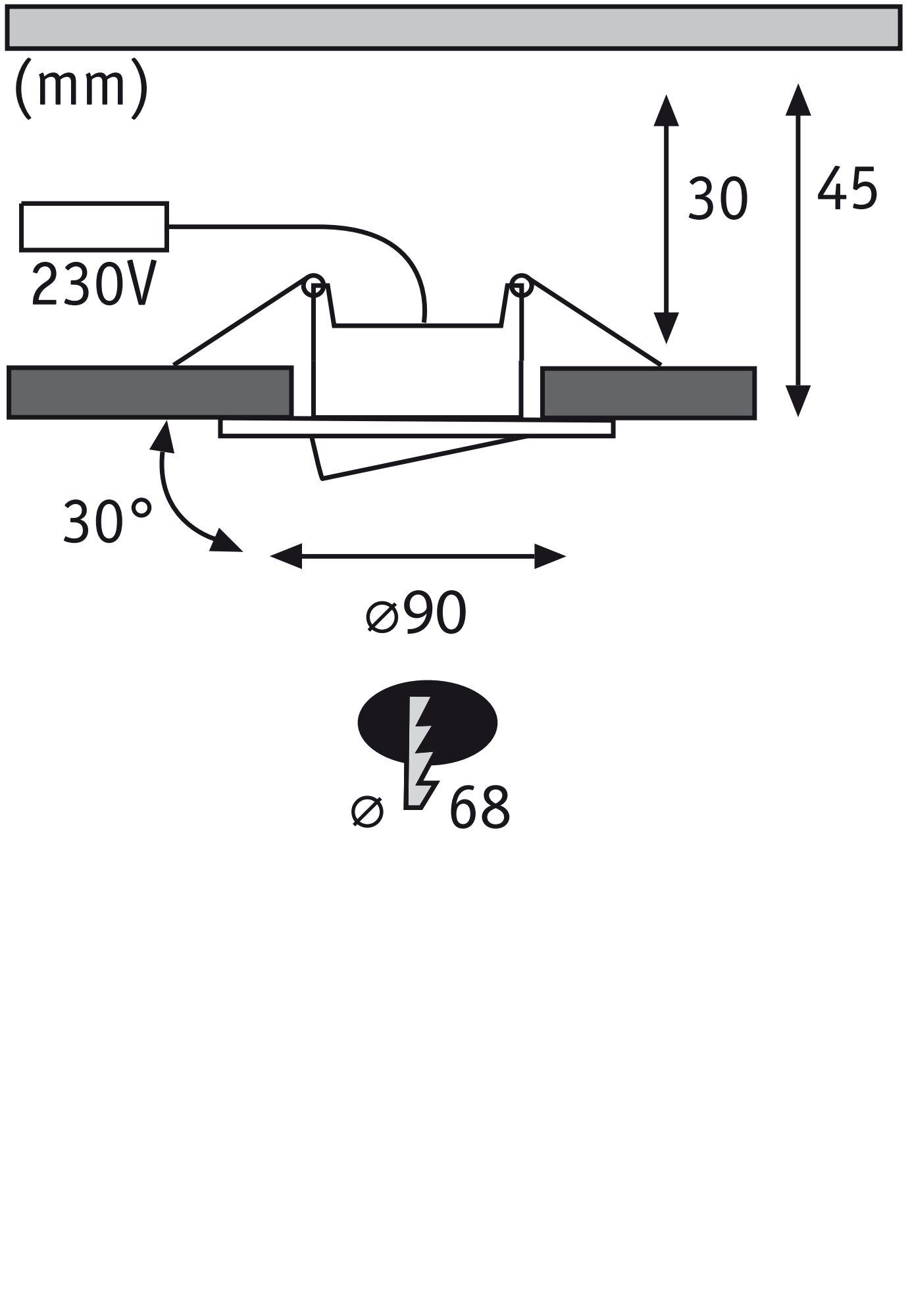 Schéma technique d'un spot encastré de 90 mm de diamètre et alimentation 230V
