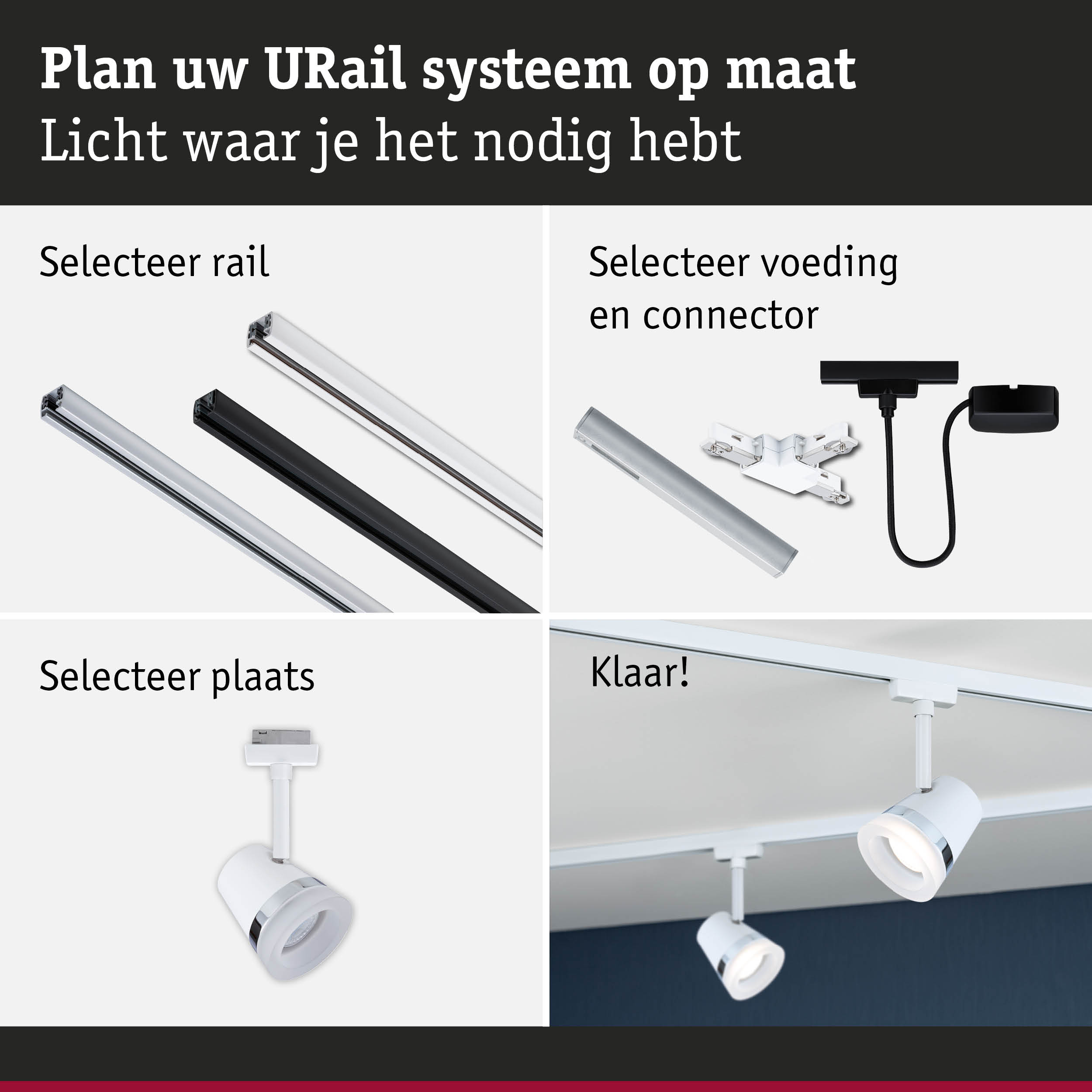 Modulair URail railsysteem met witte en zwarte rails en LED-spotlights voor flexibele verlichting