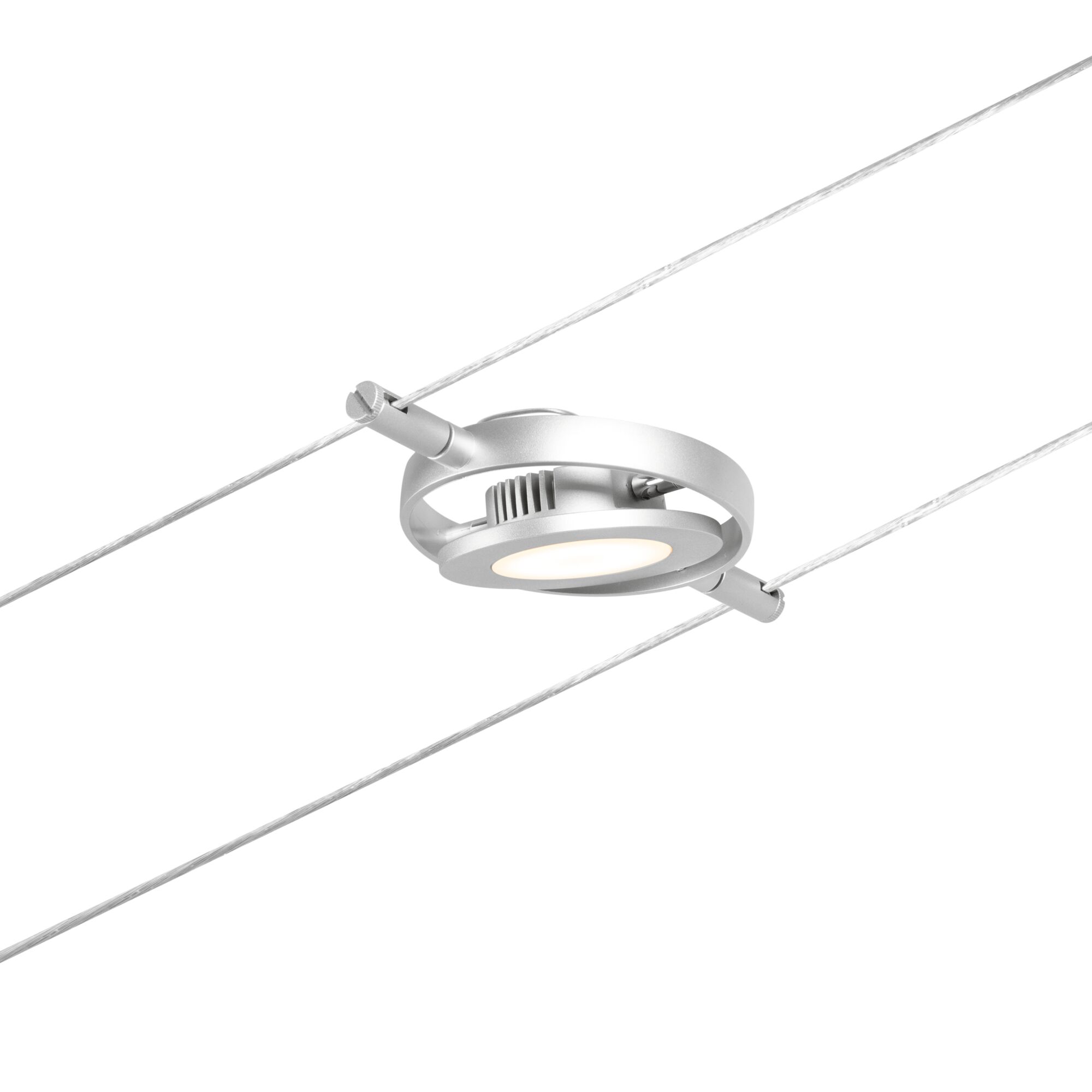 Sølvfarvet LED-kabelspot i metal med rundt design til moderne belysningssystemer