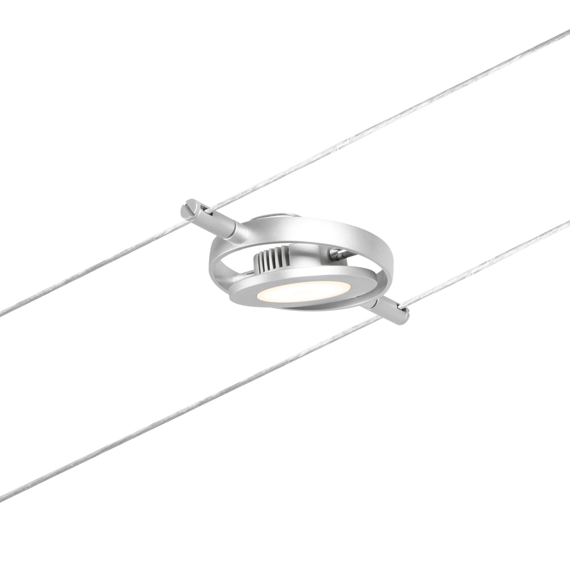 Silver metal LED cable spotlight with round design and warm white light for modern lighting solutions