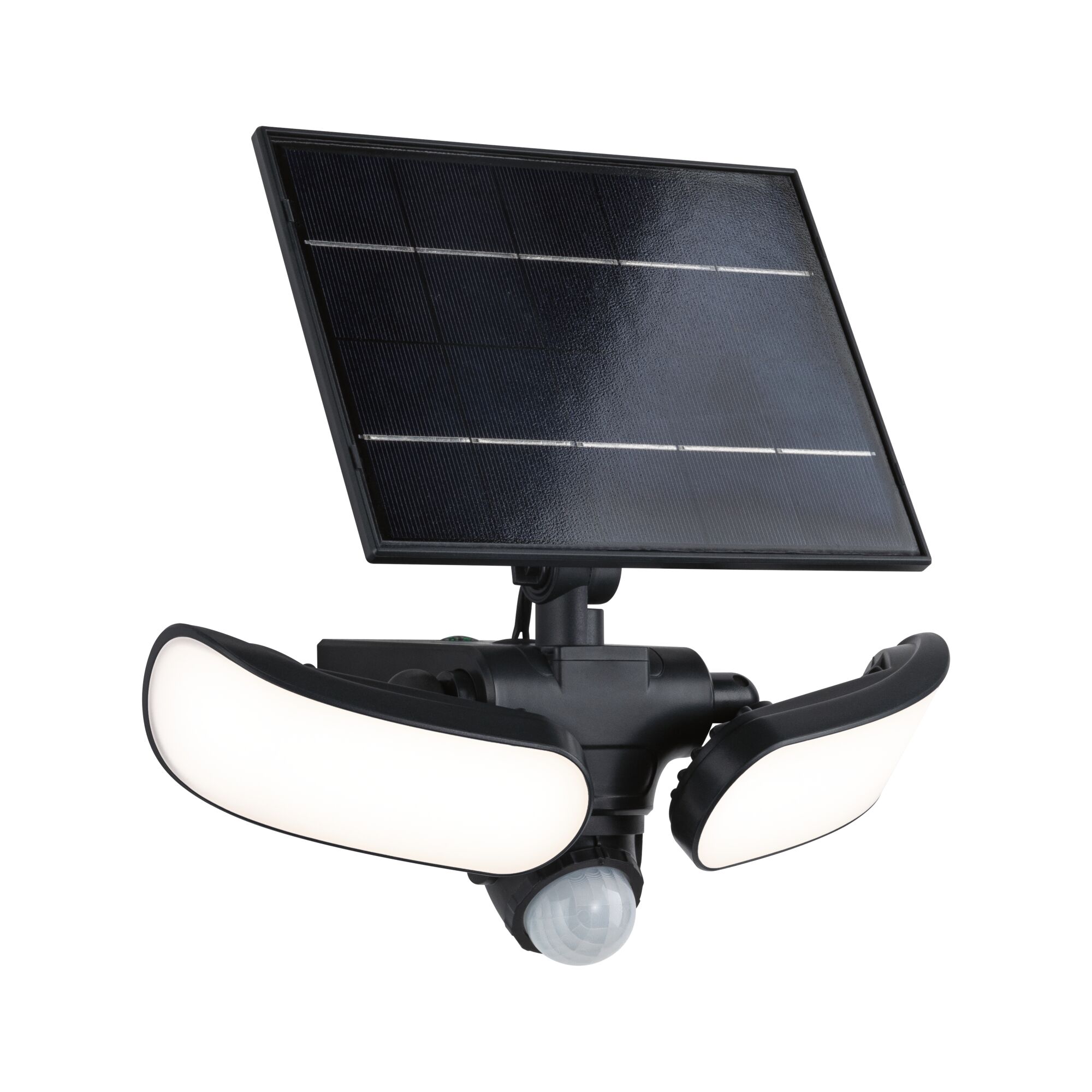 Solar LED wallwasher Sonlig Schemergestuurde bewegingsmelder (IR) IP65 hoekig 286x258mm 3000K 2x9W 2x1100lm 3,7V Antraciet Kunststof Zwarte solar lamp met twee witte LED-panelen en bewegingssensor voor buitengebruik