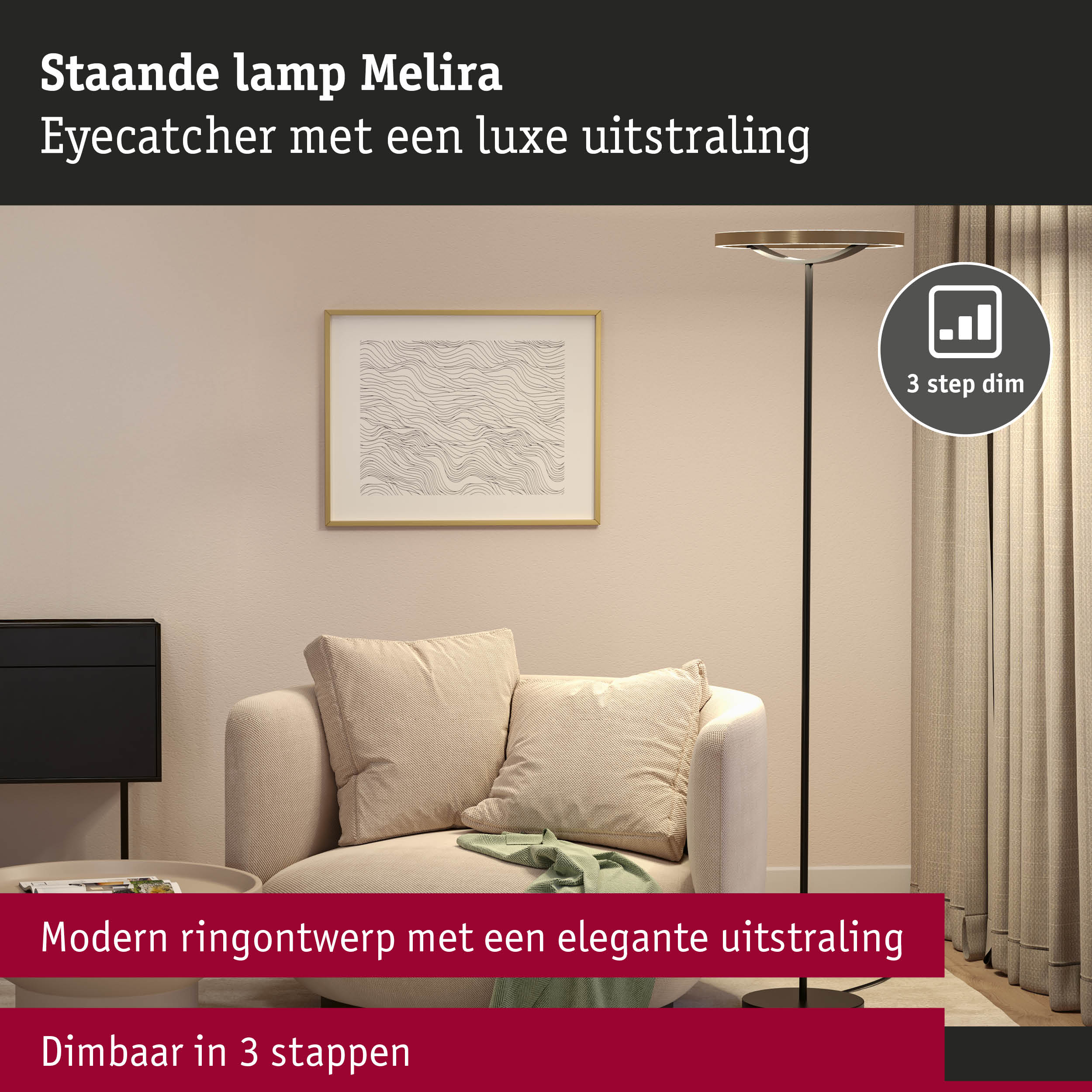 Staande lamp Melira met modern zwart ringontwerp en 3-staps dimbare LED-verlichting