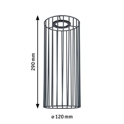 Black metal lampshade with cylindrical cage design, 290 mm height, 120 mm diameter