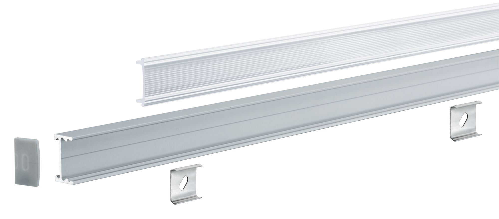Silver aluminum LED profile with clear cover and mounting clips for LED strip lighting.