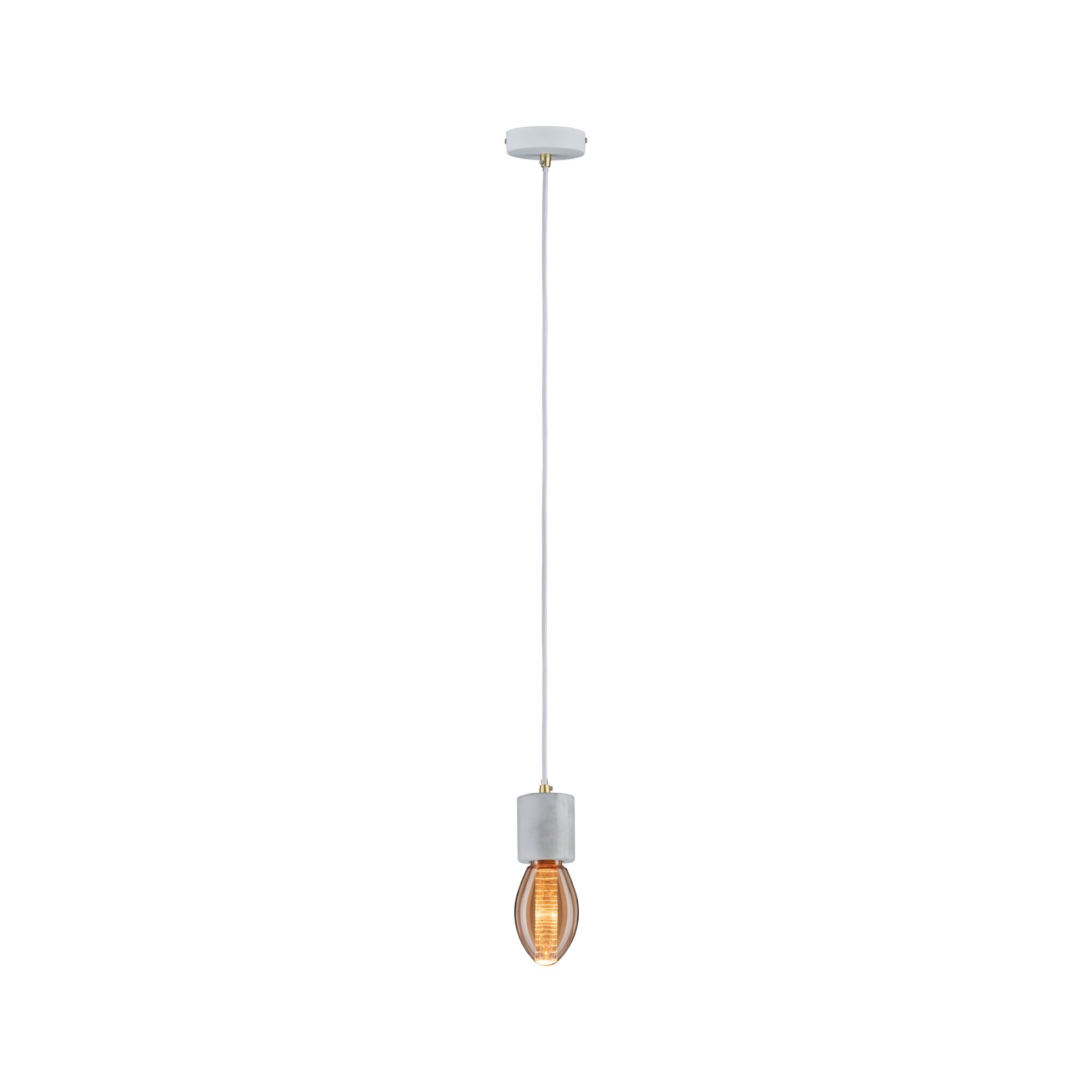 Pendant lamp with grey concrete socket and warm glowing bulb for modern interior lighting