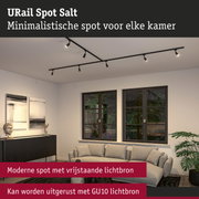 Minimalistische zwarte URail Spot Salt plafondspot met vrijstaande lichtbron in woonkamer