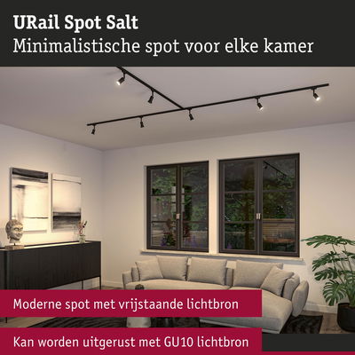 Minimalistische zwarte URail Spot Salt plafondspot met verstelbare spots in moderne woonkamer
