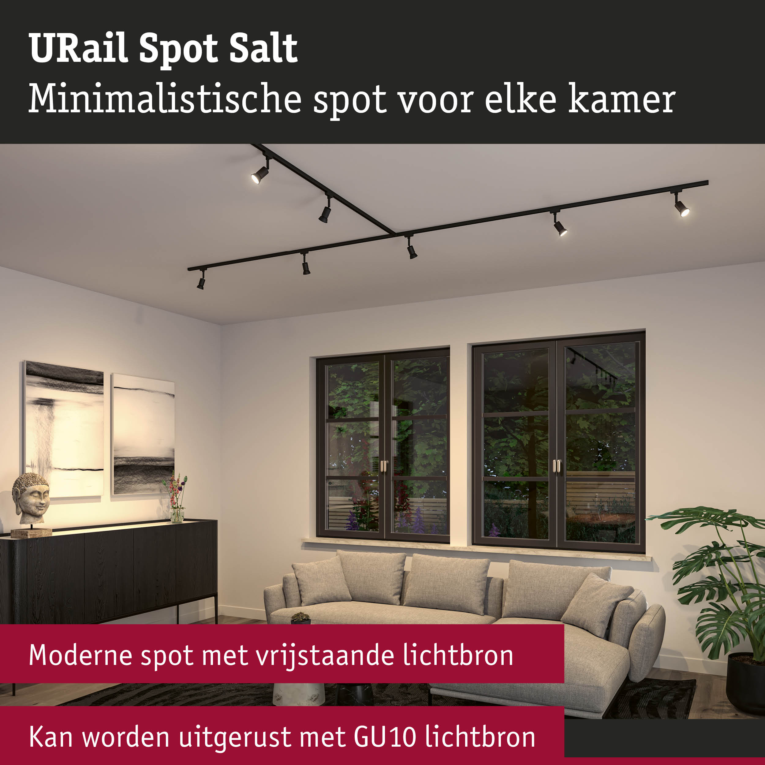 Minimalistische zwarte URail Spot Salt plafondspot met vrijstaande lichtbron in woonkamer