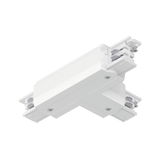 Witte T-vormige kunststof connector voor railsystemen met schroeven en elektrische contacten