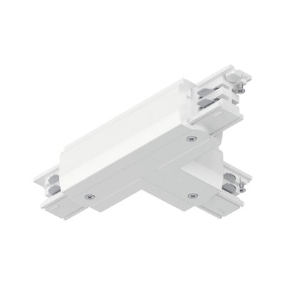 Witte T-vormige kunststof connector voor railsystemen met schroeven en elektrische contacten