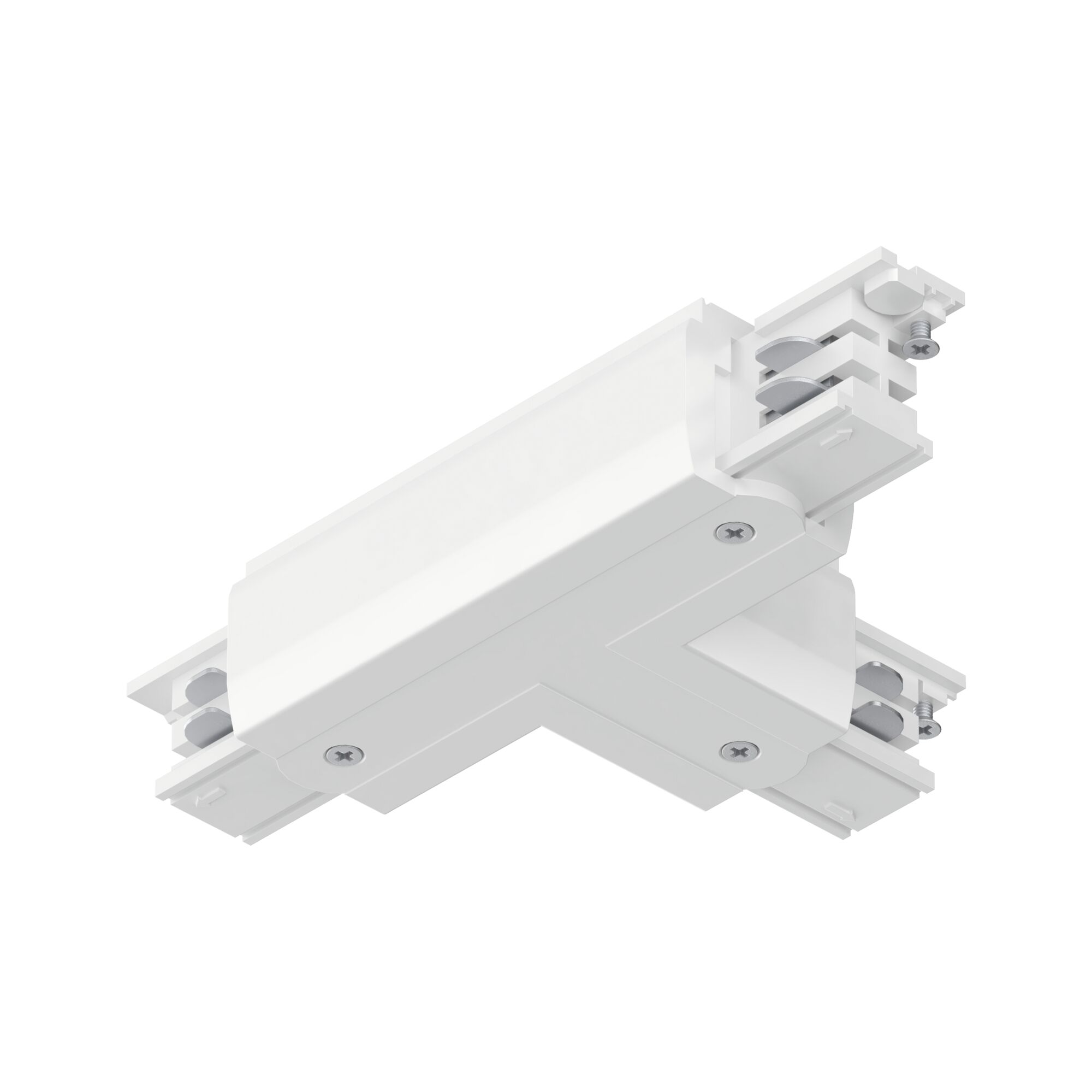 Witte T-vormige kunststof connector voor railsystemen met schroeven en elektrische contacten