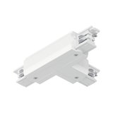Witte T-vormige kunststof connector voor railsystemen met schroeven en elektrische contacten