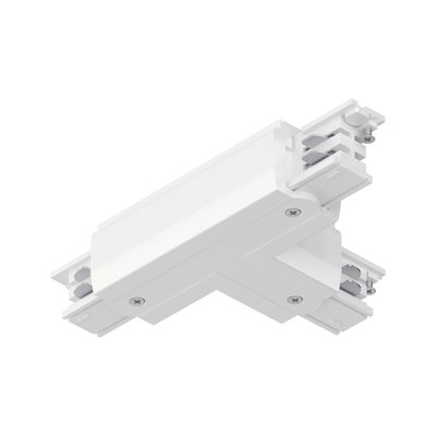 Witte T-vormige kunststof connector voor railsystemen met schroeven en elektrische contacten