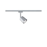 Moderner silberner LED-Strahler aus Metall an Schienensystem für flexible Raumbeleuchtung