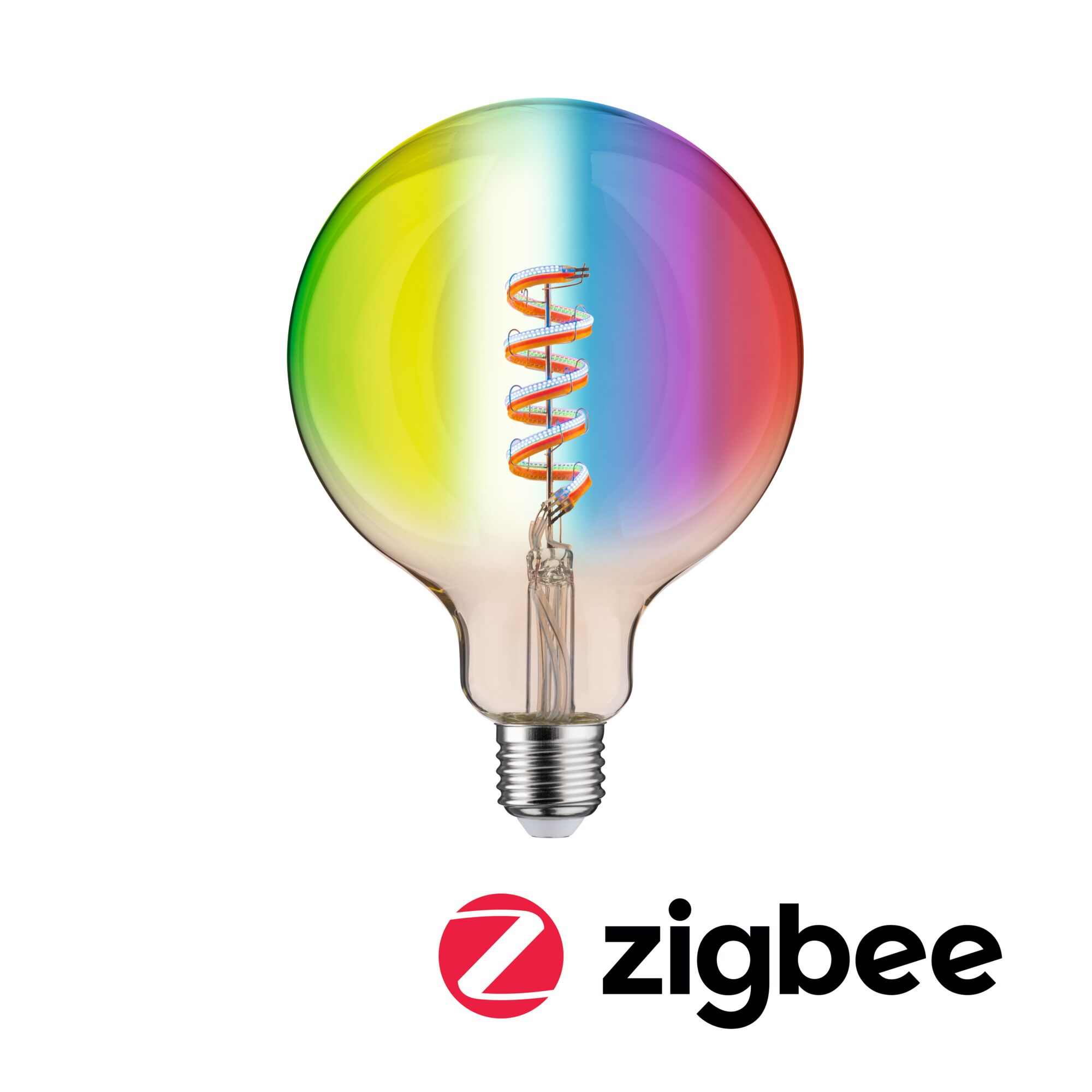 Filament 230V Smart Home Zigbee 3.0 LED Globe G125 E27 470lm 6,3W RGBW+ dimmbar Gold Bunte LED-Glühbirne mit Spiralfilament und Zigbee-Funktion für smarte Beleuchtung.