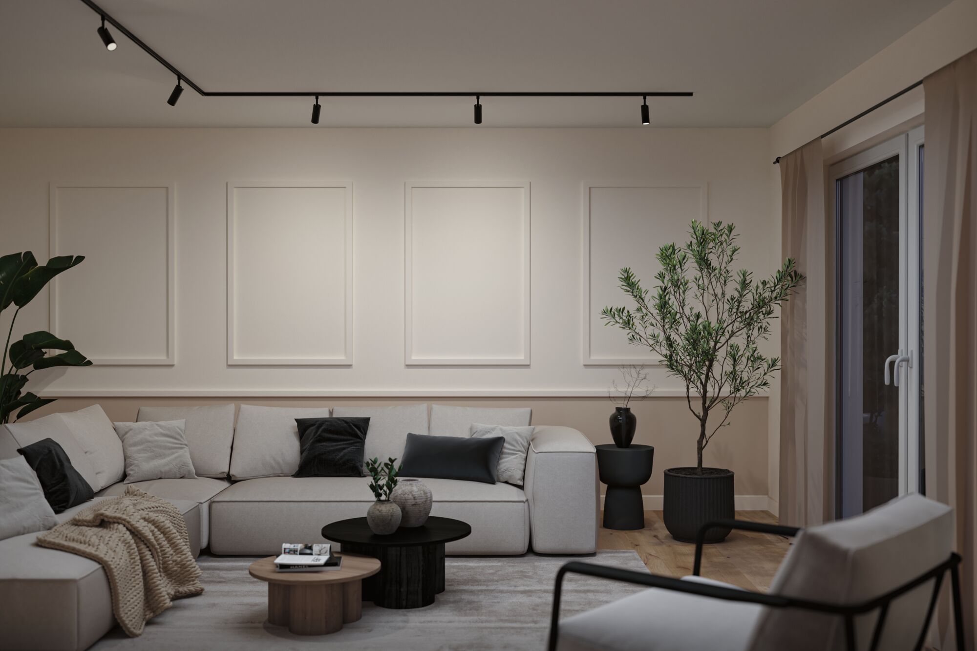 Moderne woonkamer met zwarte Paulmann LED-railsverlichting en beige bank in neutrale tinten
