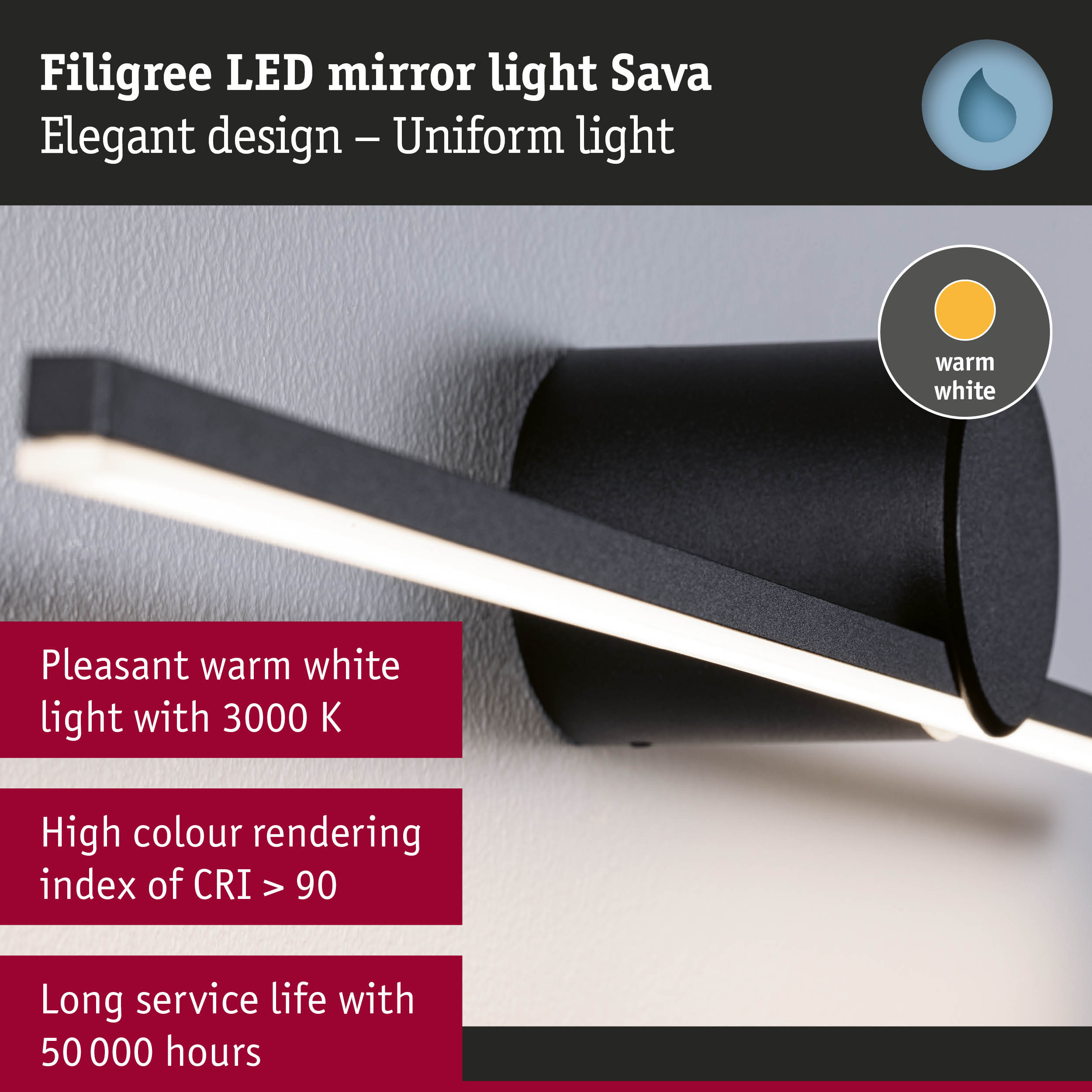 Filigree black LED mirror light Sava with warm white light and high colour rendering for bathroom use