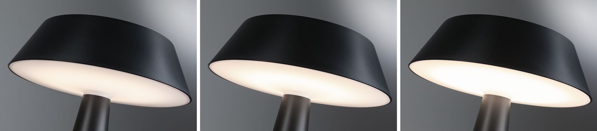 Three close-ups of a black metal table lamp with white diffuser and warm white light.