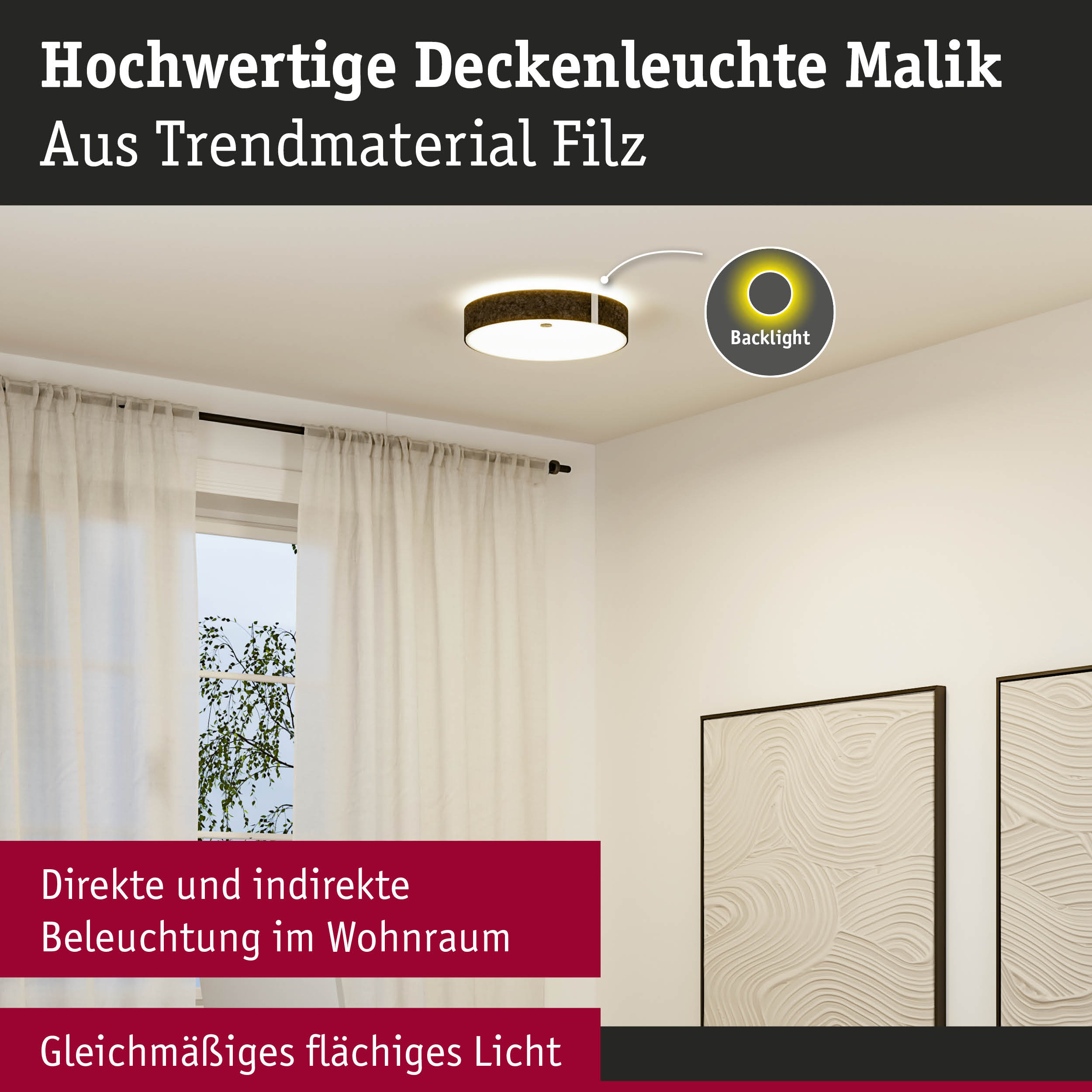 Hochwertige Deckenleuchte Malik aus braunem Filz mit direkter und indirekter Beleuchtung im Wohnraum