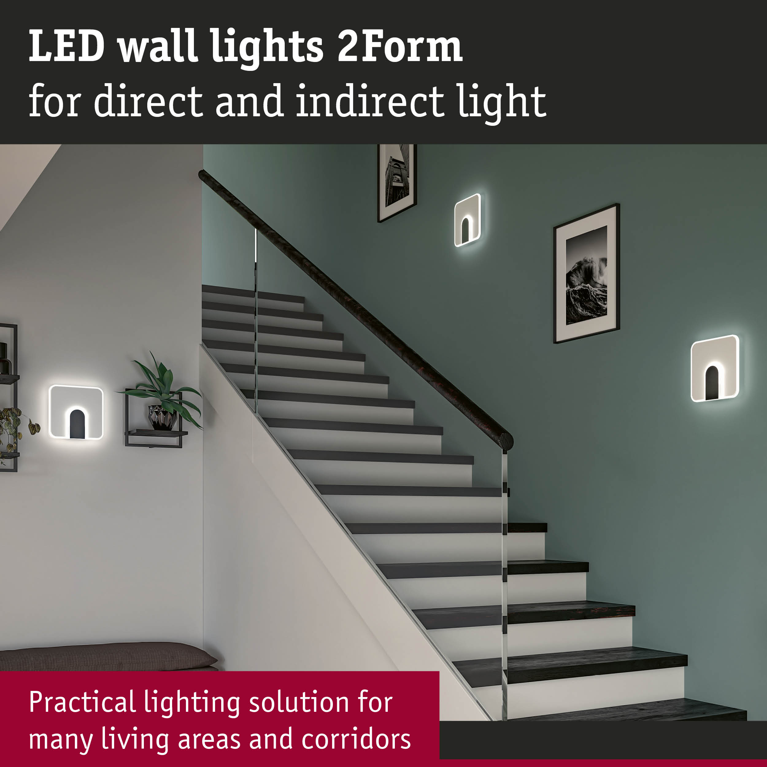 Modern white LED wall lights 2Form with direct and indirect lighting on staircase wall