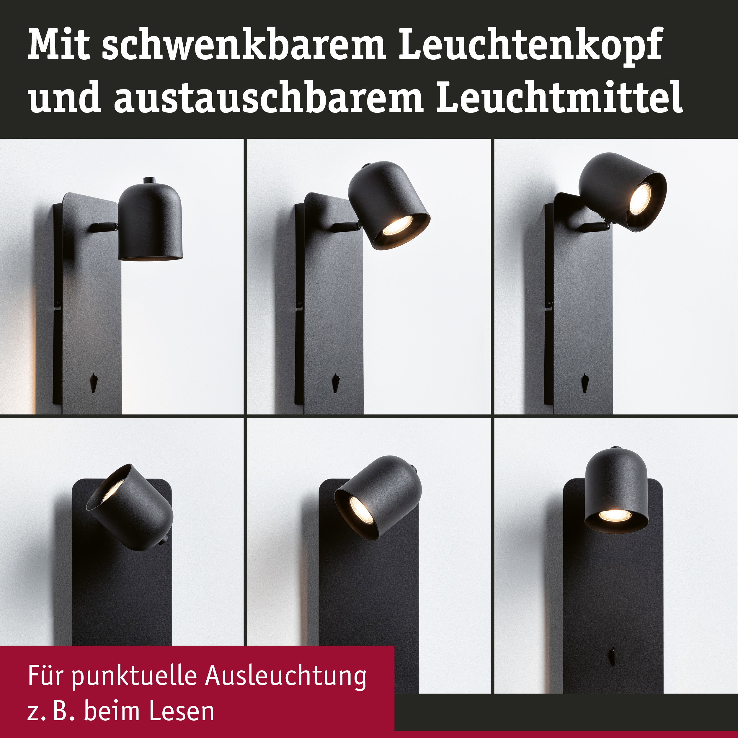 Schwarze Wandlampe mit schwenkbarem Leuchtenkopf für punktuelle Beleuchtung beim Lesen