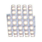Flexible LED strip light with warm white glow and adhesive backing for versatile lighting solutions.