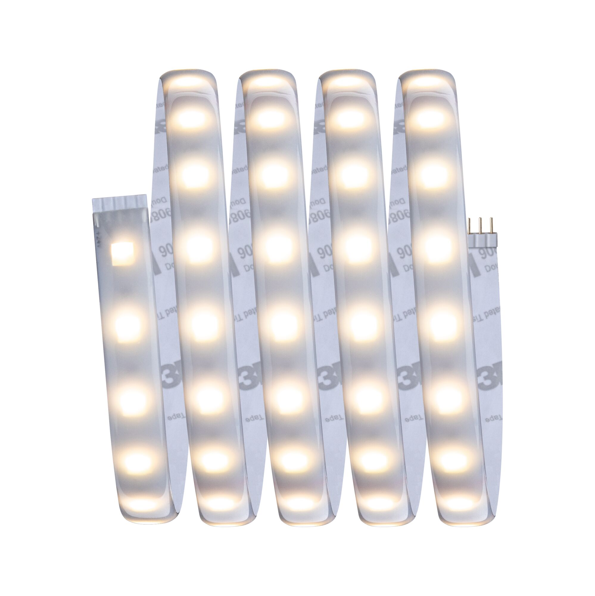 Flexible LED strip light with warm white glow and adhesive backing for versatile lighting solutions.