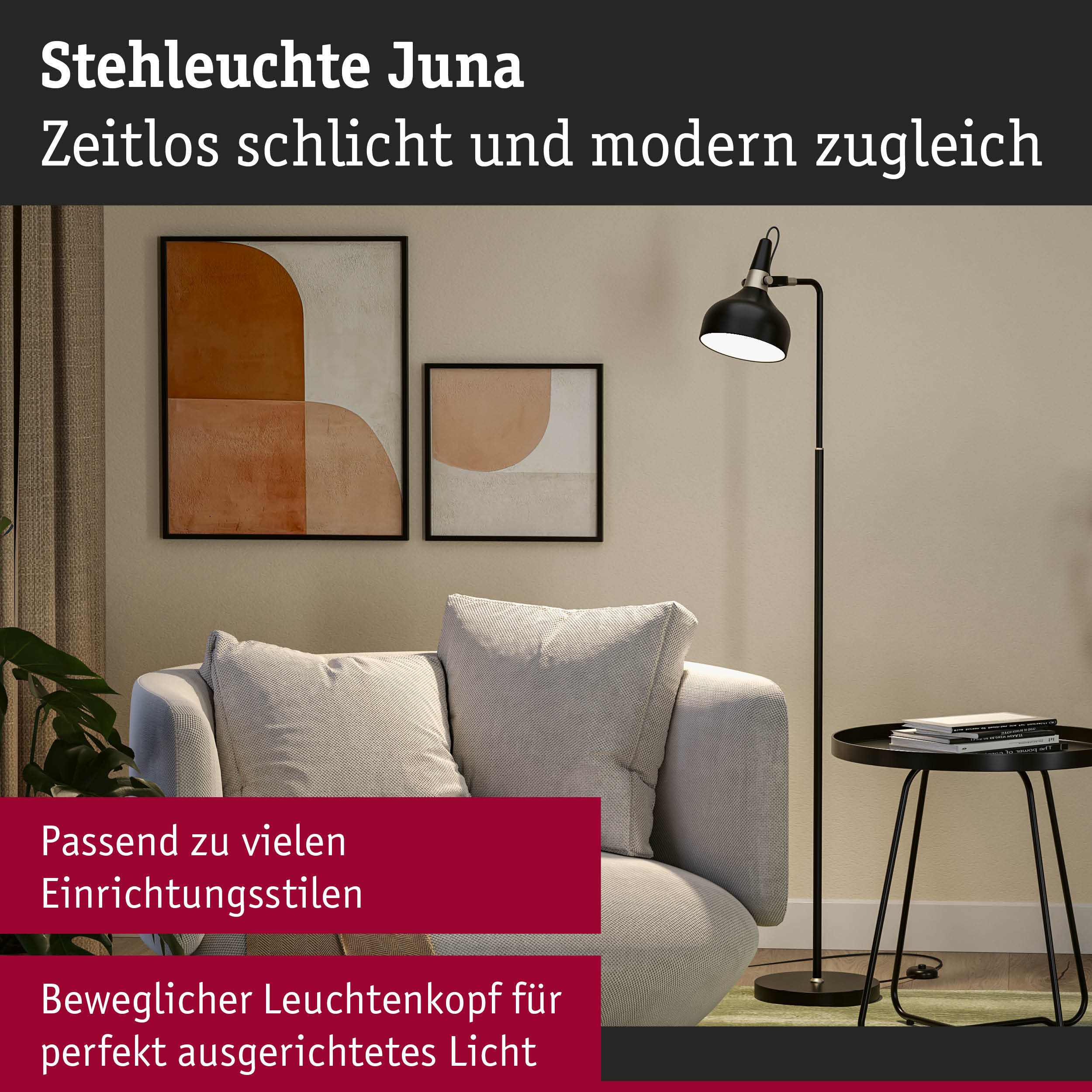 Stehleuchte Juna in mattschwarz mit beweglichem Leuchtenkopf für modernes Wohnambiente und gezielte Beleuchtung