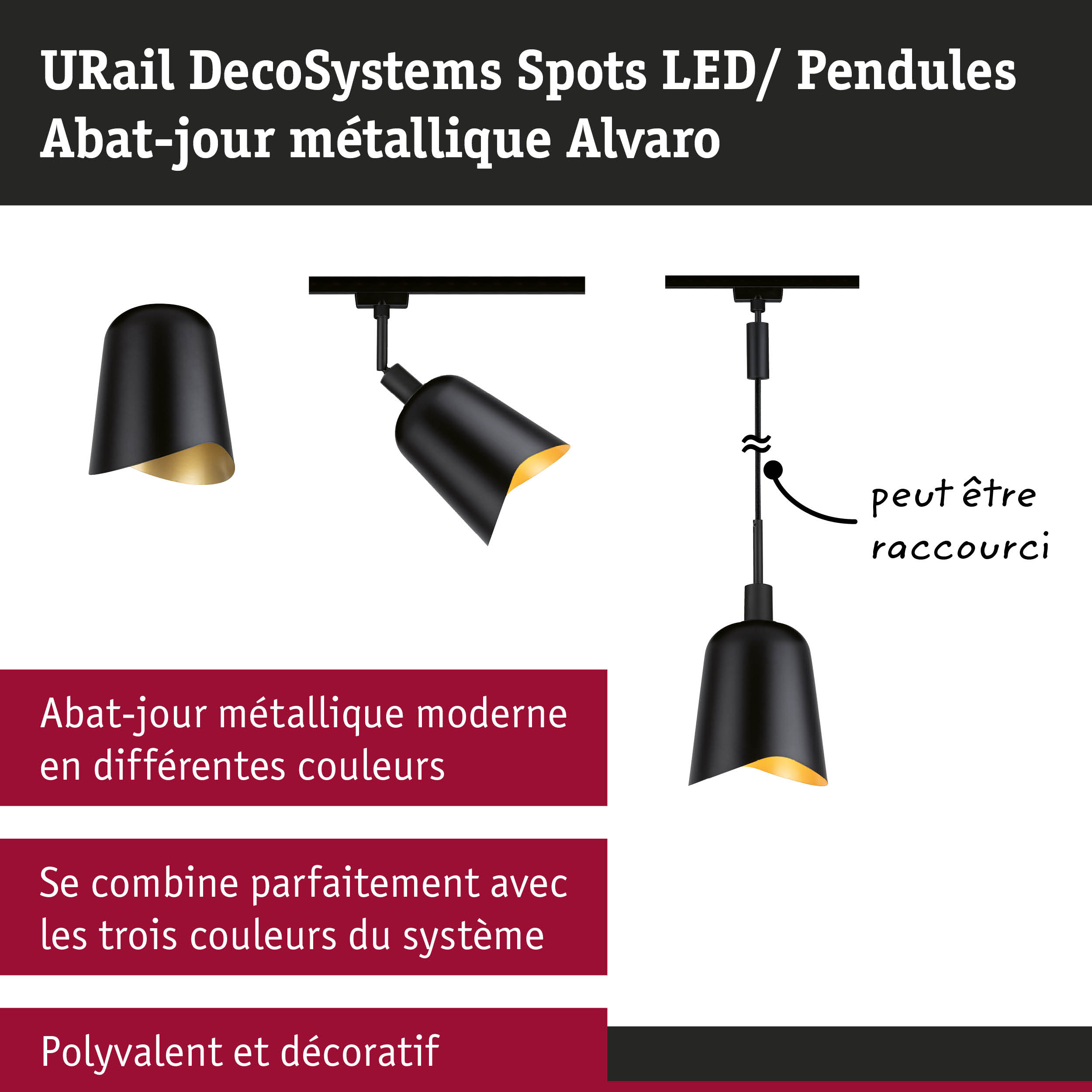 Spots LED et suspension métalliques noirs URail DecoSystems Alvaro avec intérieur doré
