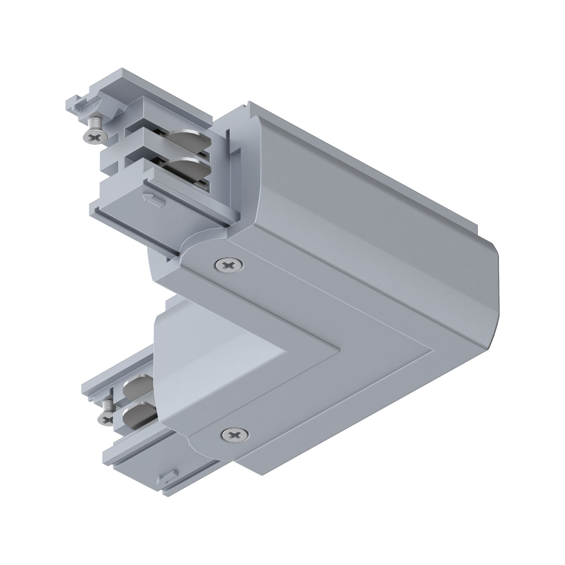 Grauer Kunststoff-Adapter mit Schrauben für Schienensysteme, geeignet für LED-Beleuchtung