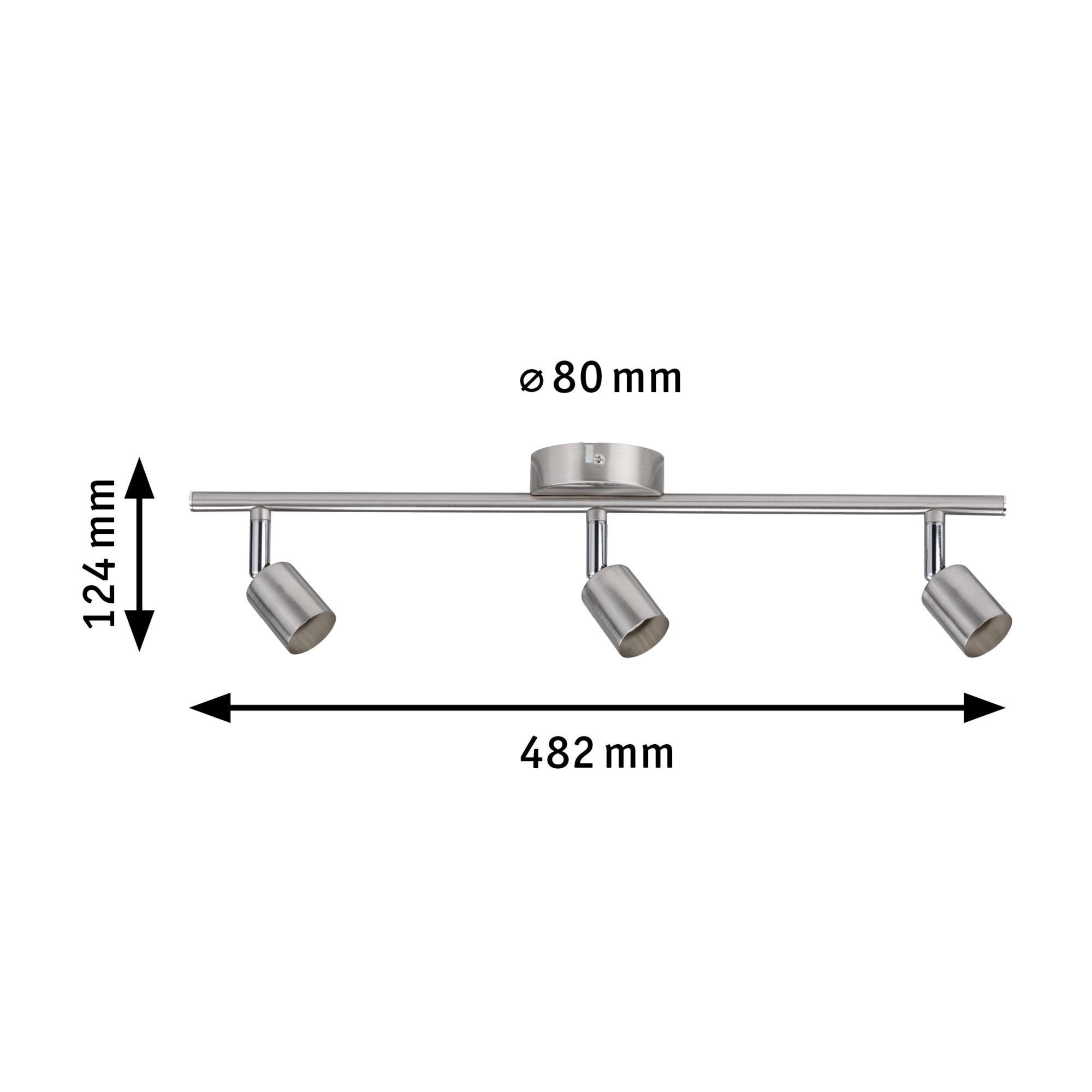 Spot LED plafond trois lampes en acier inoxydable brossé avec têtes réglables et dimensions.