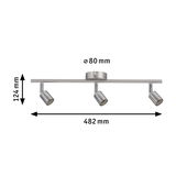 Three-light LED ceiling spotlight in brushed stainless steel with adjustable heads and dimensions.