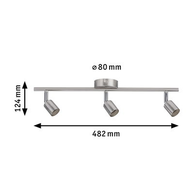 Three-light LED ceiling spotlight in brushed stainless steel with adjustable heads and dimensions.