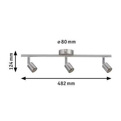 Three-light LED ceiling spotlight in brushed stainless steel with adjustable heads and dimensions.