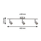 Three-light LED ceiling spotlight in brushed stainless steel with adjustable heads and dimensions.