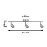 Three-light LED ceiling spotlight in brushed stainless steel with adjustable heads and dimensions.