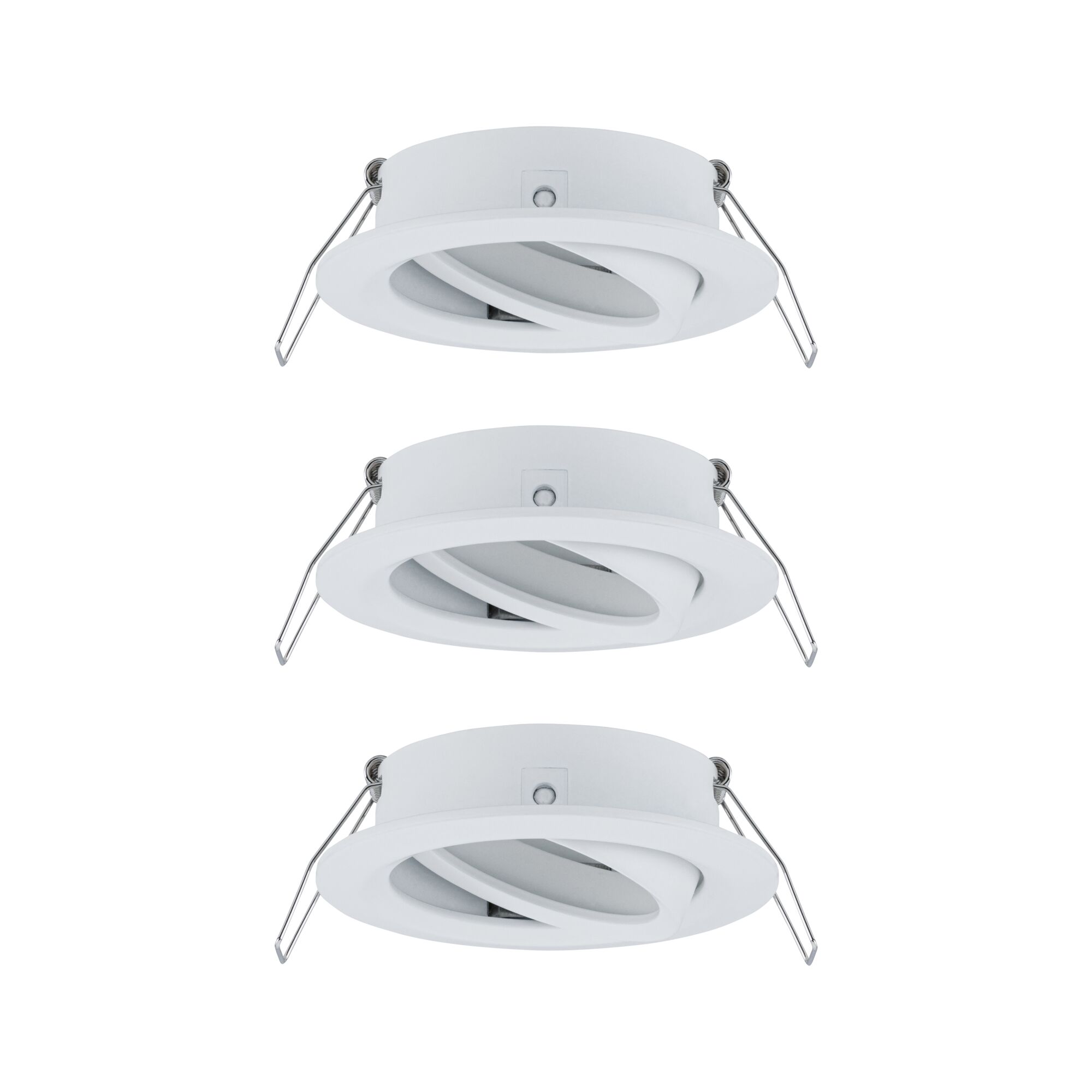 Three white metal recessed spotlights with adjustable angle for versatile room lighting