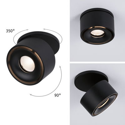 Schwarze LED-Deckenleuchte aus Metall mit 350° drehbarem und 90° neigbarem Strahler für flexible Beleuchtung