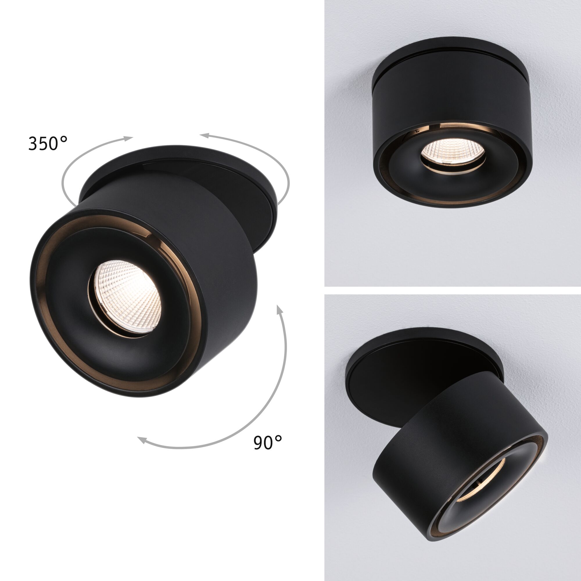 Sort LED-loftlampe i metal med 350° roterbar og 90° vipbar spotlight til justerbar belysning