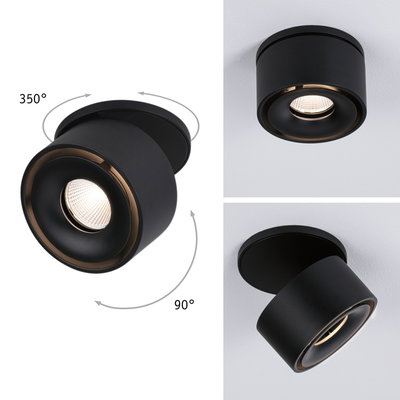 Black metal LED ceiling light with 350° rotatable and 90° tiltable spotlight for adjustable lighting