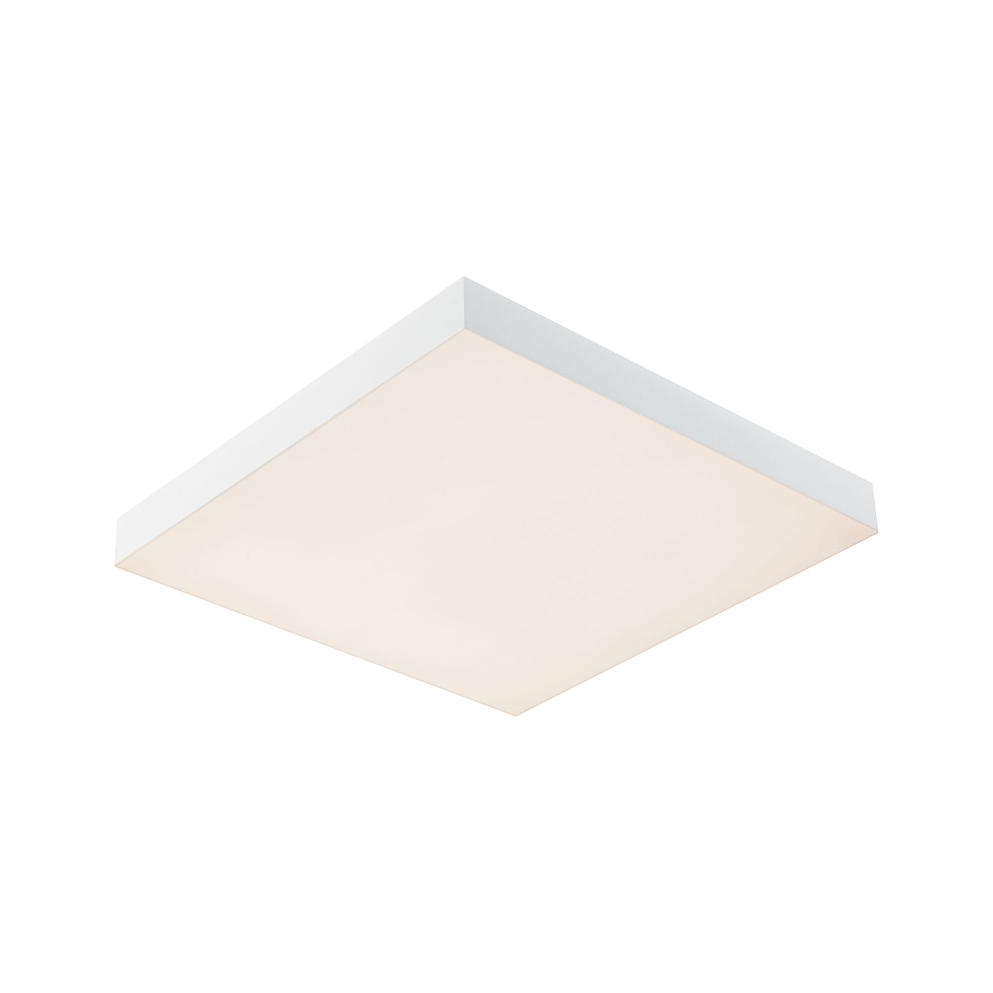 Square white plastic ceiling light with warm white LED illumination for living spaces