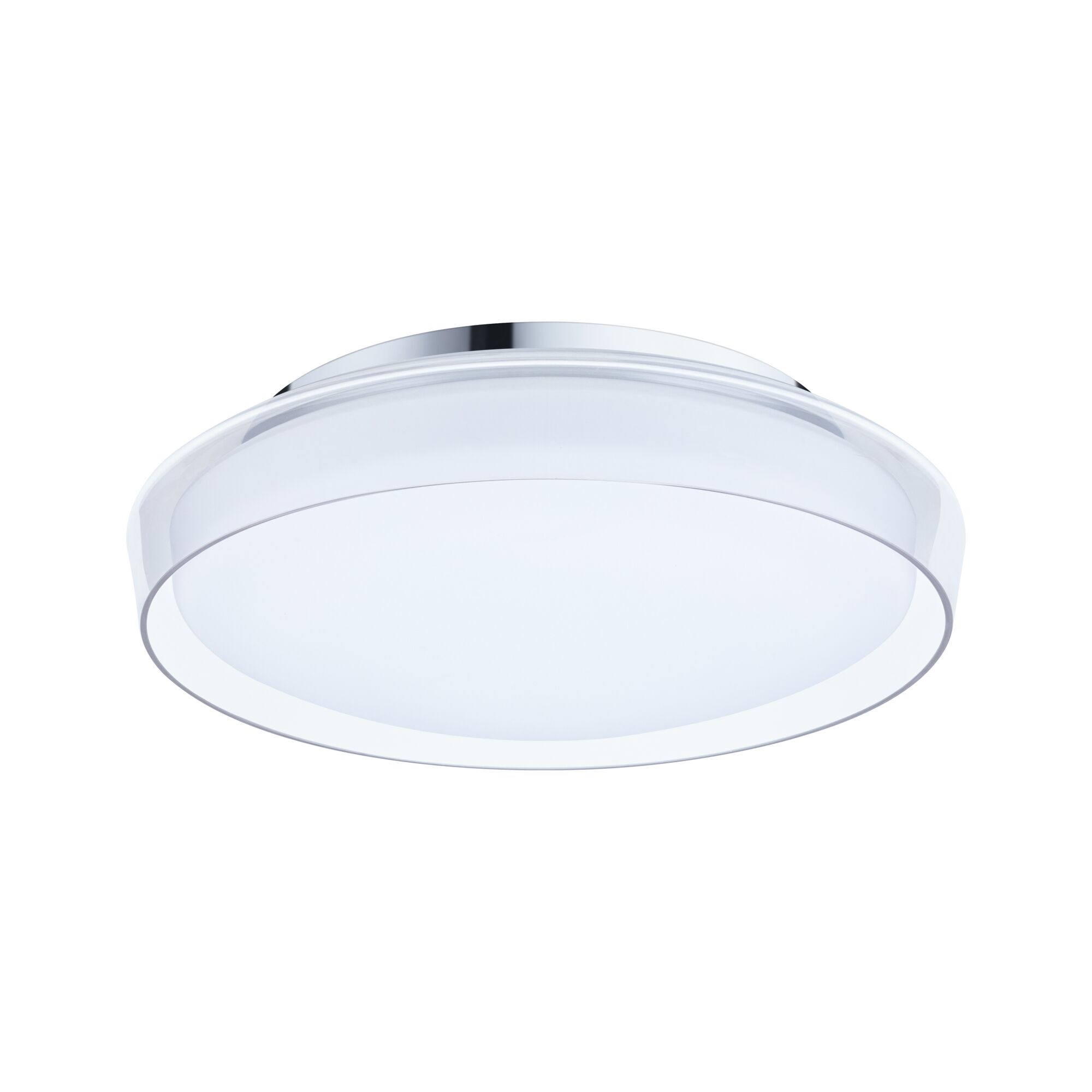 Ronde LED-plafondlamp met chromen rand en wit acrylglas voor moderne verlichting