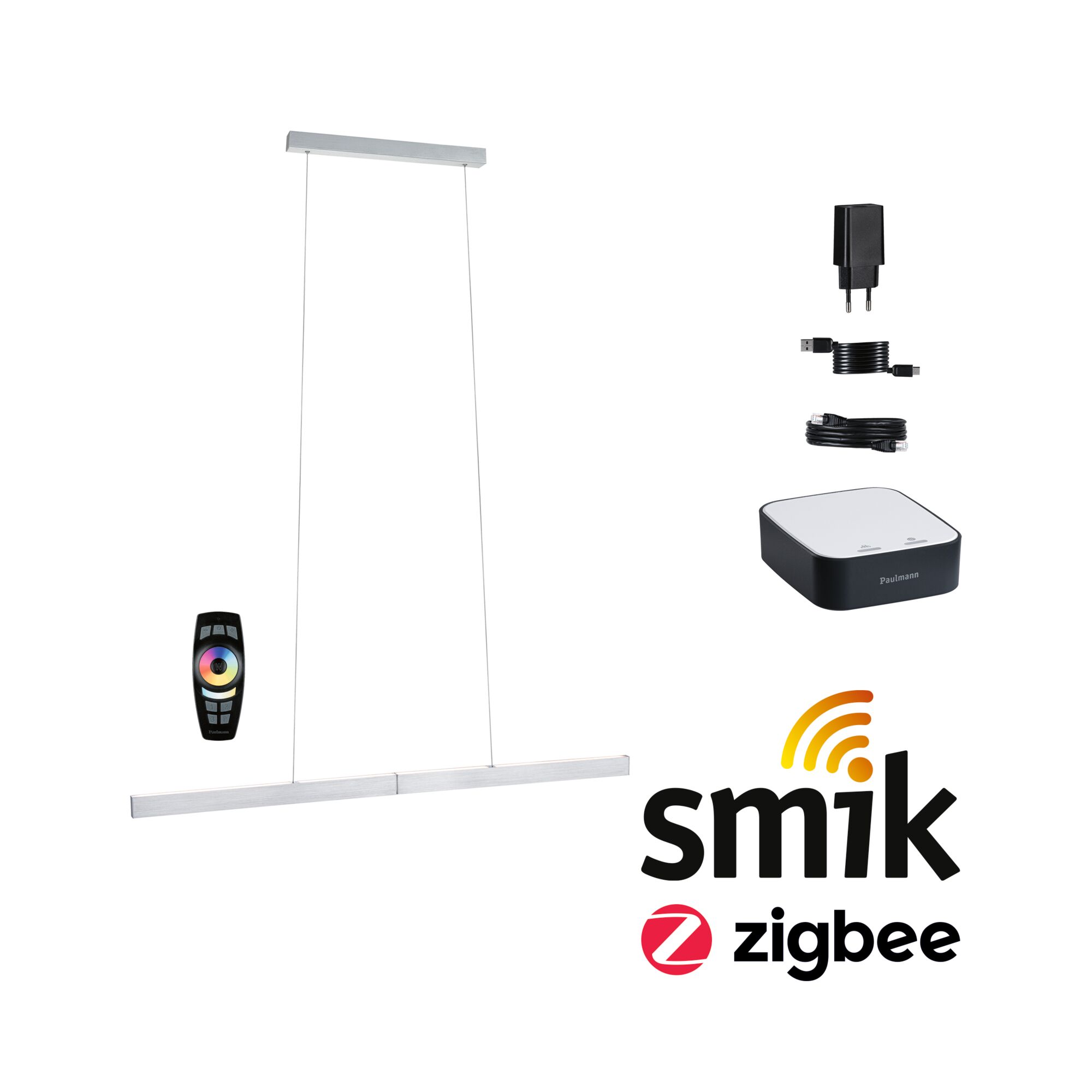 Moderne smik Zigbee LED-Pendelleuchte in Aluminium mit Fernbedienung und Steuerzentrale