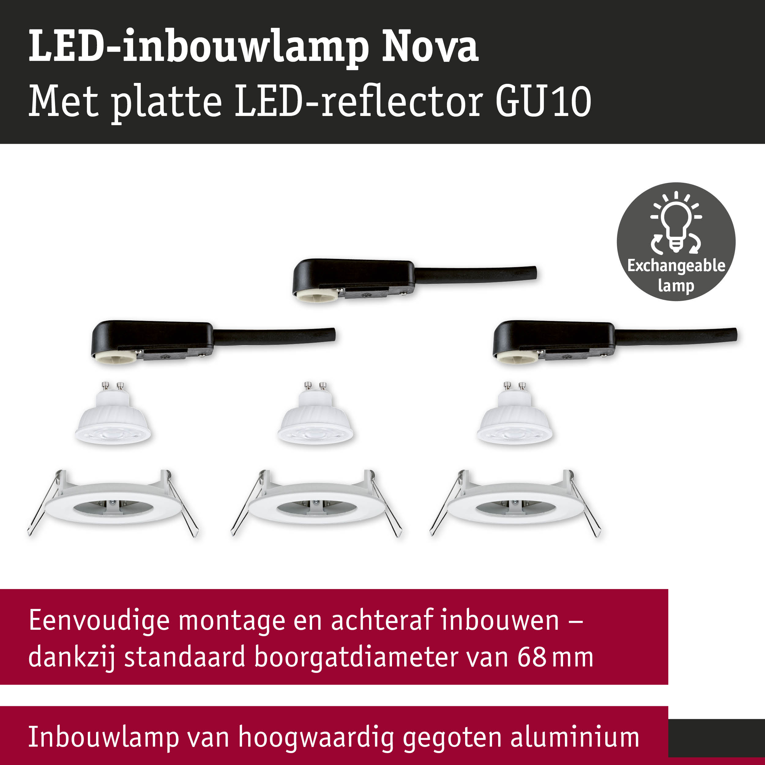 LED-inbouwlamp Nova met platte LED-reflector GU10 in wit en zwarte kabel
