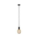 Moderne Pendelleuchte mit schwarzem Kabel und goldfarbenem Metallgitter als Lampenschirm für Wohnräume.