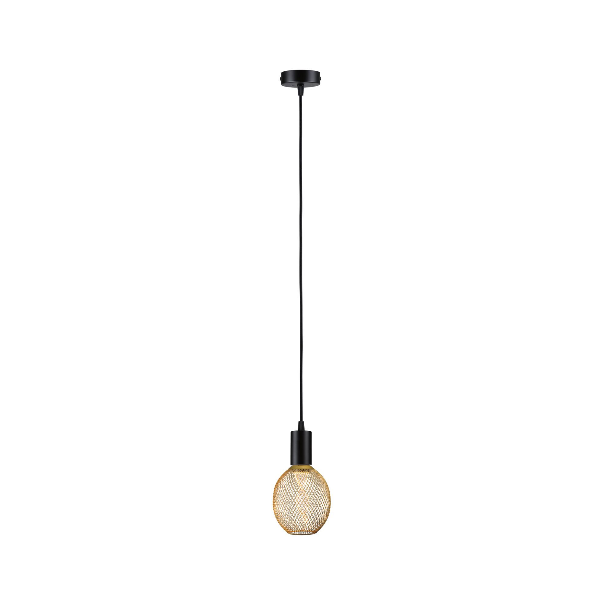 Modern pendant light with black cord and gold metal mesh lampshade for stylish home lighting.