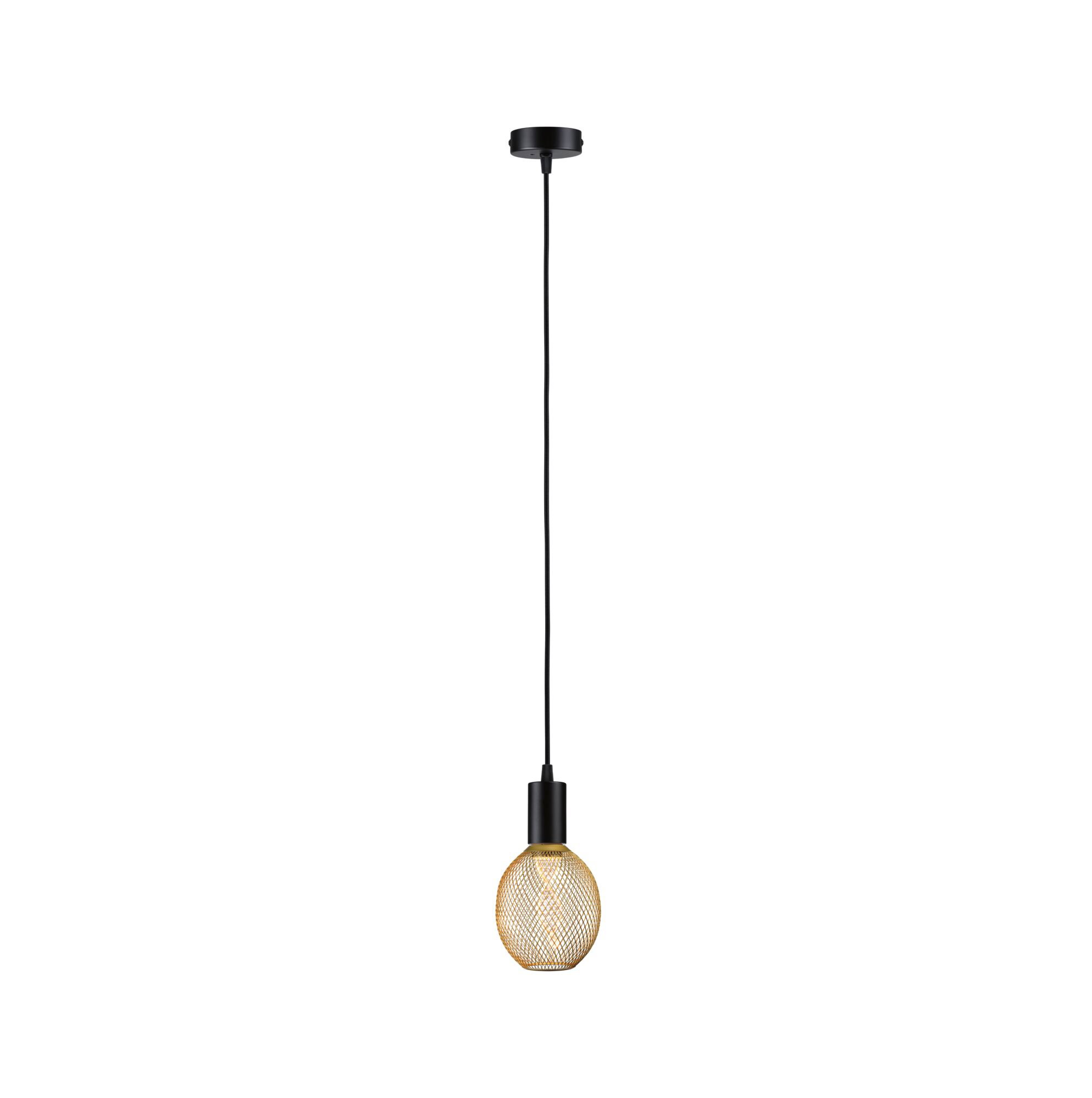 Modern pendant light with black cord and gold metal mesh lampshade for stylish home lighting.