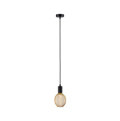 Modern pendant light with black cord and gold metal mesh lampshade for stylish home lighting.
